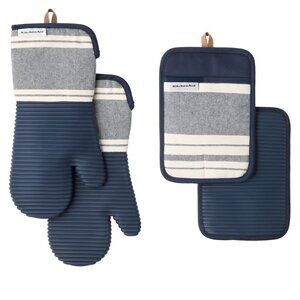 KitchenAid Navy Silicone Oven Mitts & Pot Holders Set | Striped Modern Farm